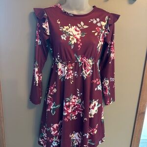 Girls Floral Ruffle-Shoulder Dress - Burgundy